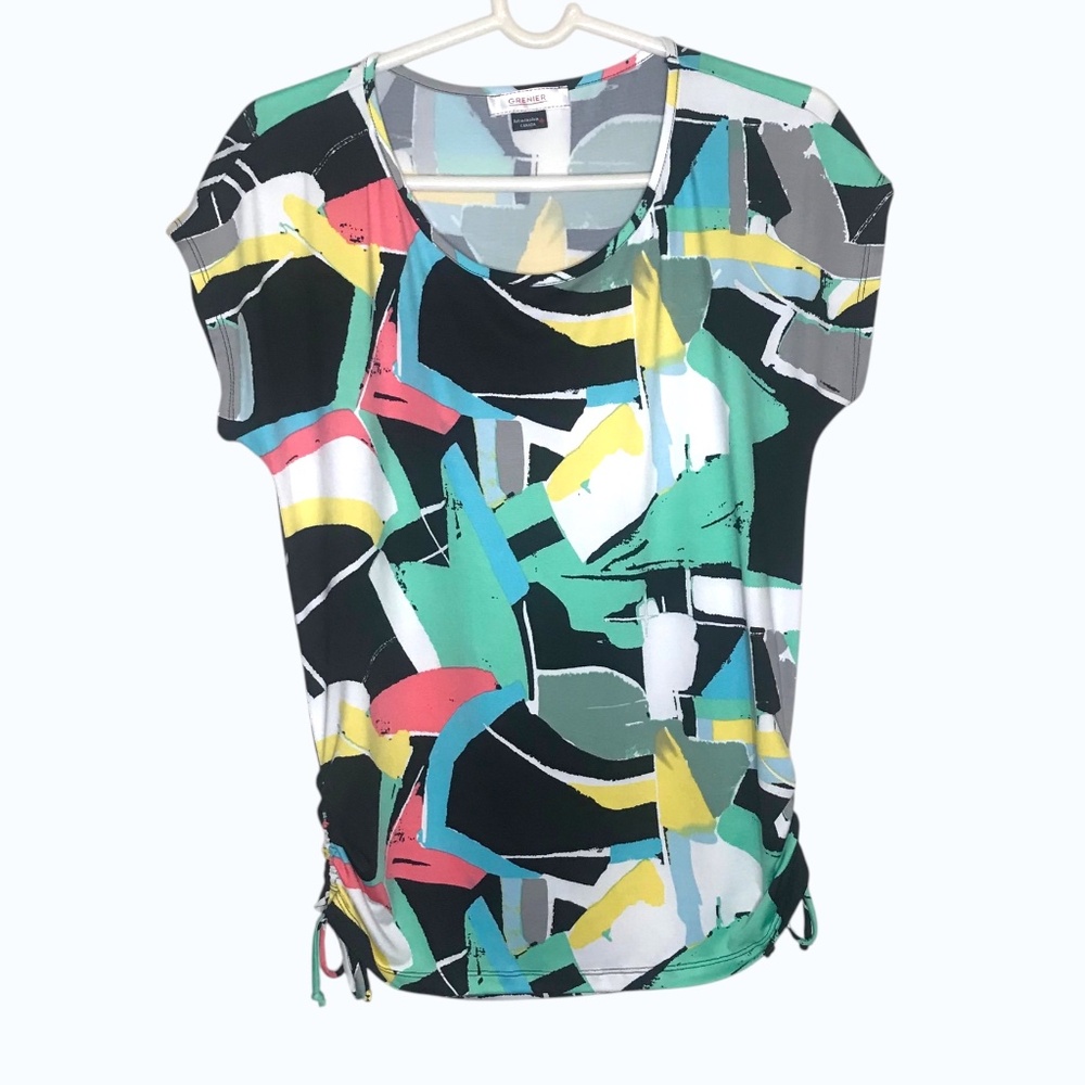 Grenier Abstract Print Top Ruched Side Stretch Blouse Women M